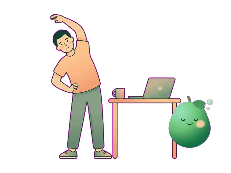 A person stretching beside a desk with a calm Rowlie